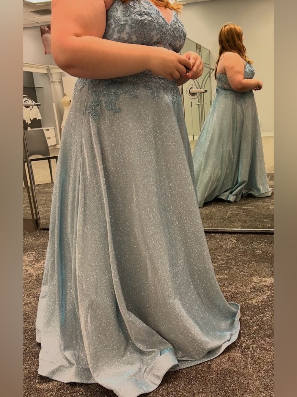 Elegant Sky Blue Glitter A-Line Prom Gown with Lace Bodice